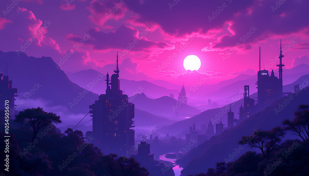 Naklejka premium Cinematic surreal cityscape in hazy neon vaporwave gradient with retro-futuristic architecture