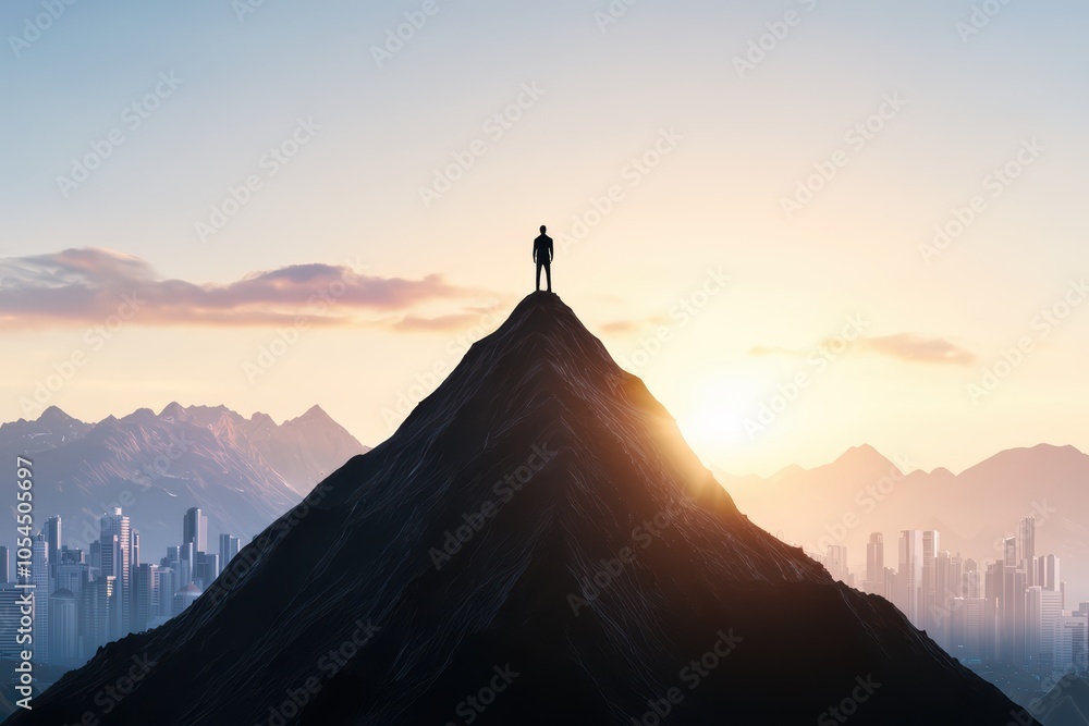 Silhouette of a person standing atop a mountain during sunrise, overlooking a city skyline. Silhouette of a person standing atop a mountain during sunrise, overlooking a city skyline.