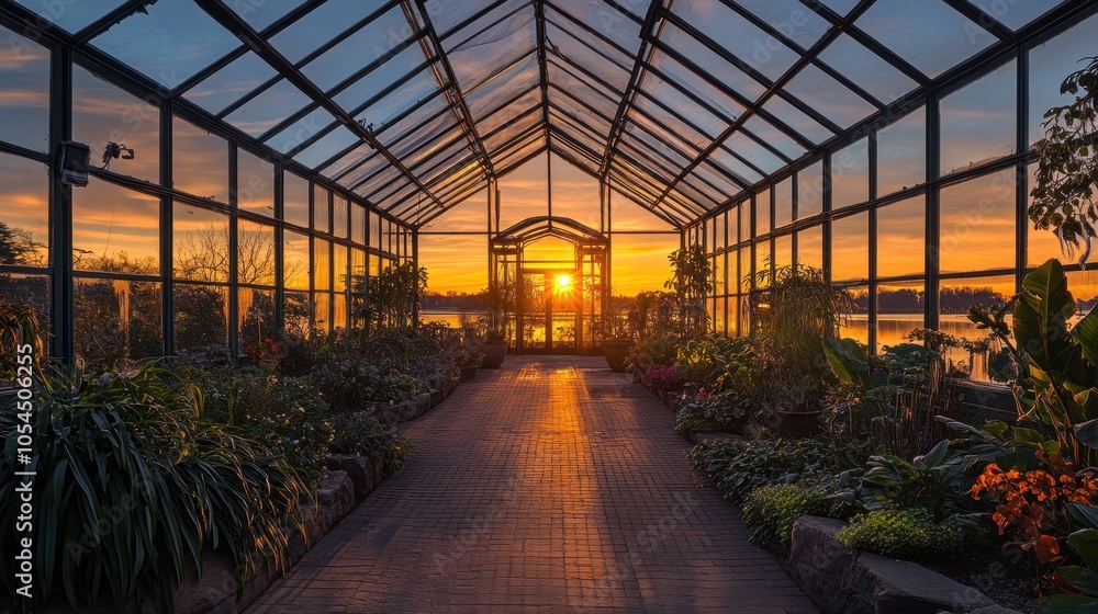 A serene greenhouse at sunset, showcasing lush plants and a warm, inviting atmosphere. A serene greenhouse at sunset, showcasing lush plants and a warm, inviting atmosphere.