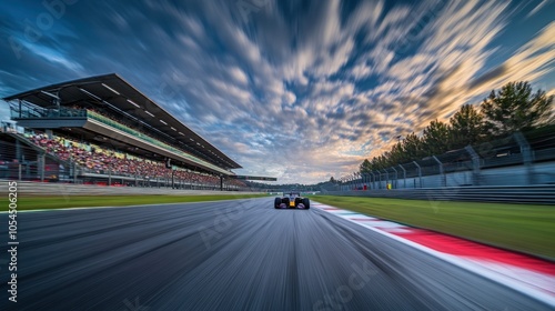 A racing car speeds down a track with a vibrant sky and grandstand in the background.