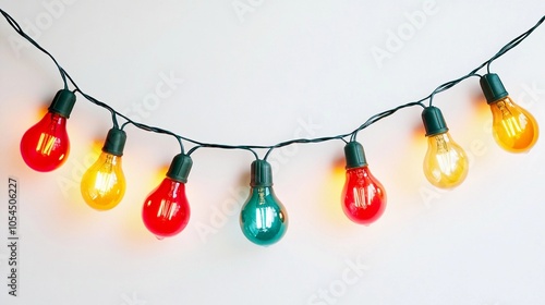 A garland of multi-colored light bulbs hangs on a white wall.