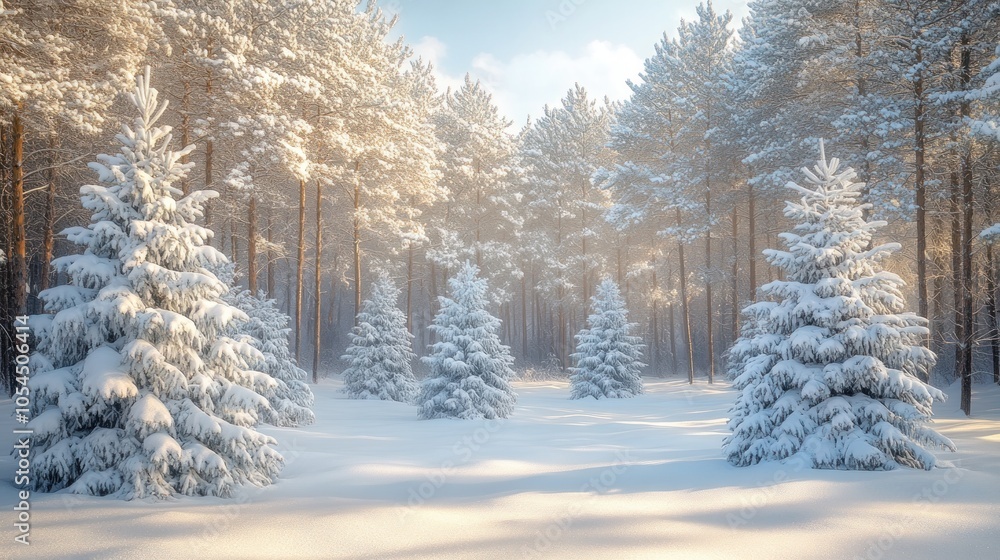 A snowy forest scene with tall evergreen trees covered in frost and sunlight breaking through the branches. A snowy forest scene with tall evergreen trees covered in frost and sunlight breaking through the branches.