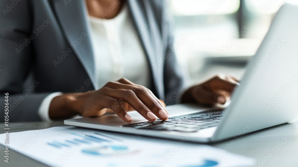 A person typing on a laptop with business documents nearby, focused on work tasks. A person typing on a laptop with business documents nearby, focused on work tasks.