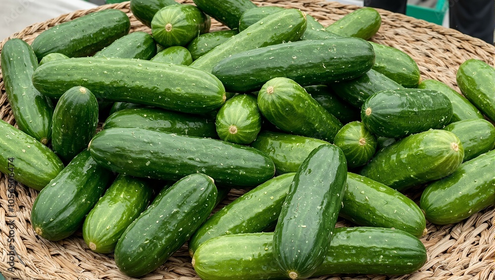 Fresh green cucumbers on a woven basket at farmers market Fresh green cucumbers on a woven basket at farmers market