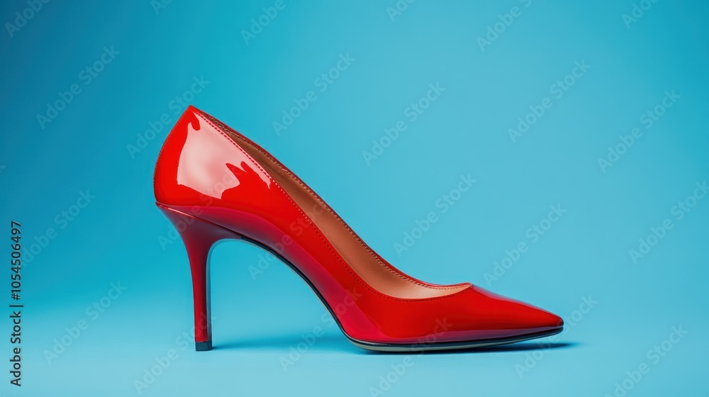 A glossy red high-heeled shoe against a bright blue background. A glossy red high-heeled shoe against a bright blue background.