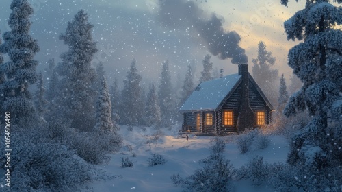 Wallpaper Mural A cozy cabin in a snowy landscape, illuminated warmly amidst falling snowflakes. Torontodigital.ca