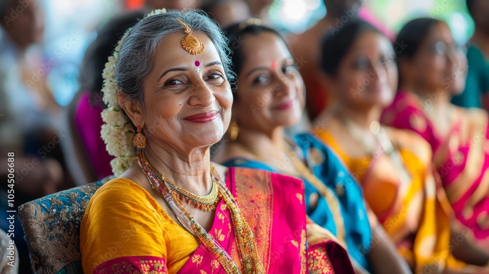 Group of Indian women in colorful sarees attending a wedding, with joyful expressions and intricate jewelry Group of Indian women in colorful sarees attending a wedding, with joyful expressions and intricate jewelry