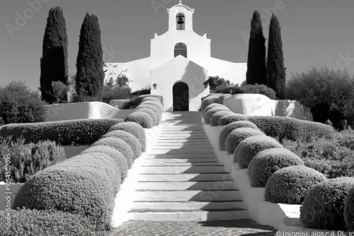 Monochromatic church with symmetrical garden landscaping evoking solemnity structure and tradition in a balanced minimalist religious setting photo