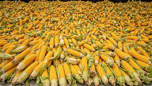 Vibrant yellow corn cobs on conveyor belt some husked in industrial setting photo