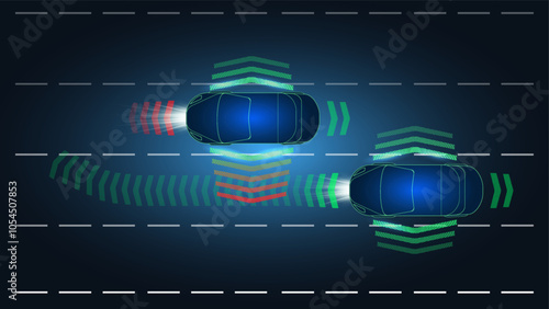 Two autonomous vehicles navigating a digital roadway at night, showcasing advanced sensor technology and lane detection systems.
