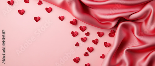 Red satin fabric beautifully draped, adorned with small heart shapes, creating a romantic and elegant atmosphere. Perfect for Valentine's Day themes.