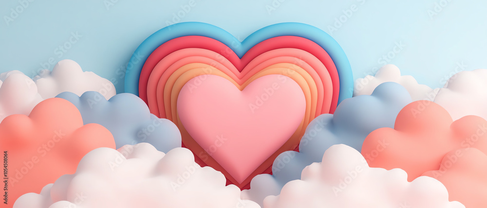 Vibrant pink heart shape surrounded by colorful layered clouds against a serene blue background, perfect for illustrations and creative designs. Vibrant pink heart shape surrounded by colorful layered clouds against a serene blue background, perfect for illustrations and creative designs.