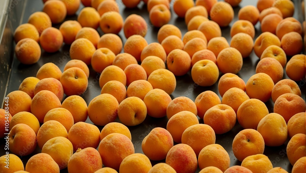 Ripe apricots on black conveyor belt contrasting warm tones and fuzzy texture Ripe apricots on black conveyor belt contrasting warm tones and fuzzy texture