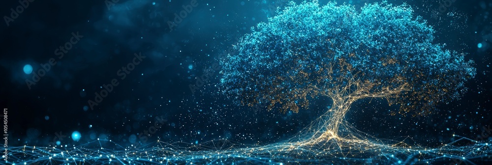 This image depicts a radiant tree composed of interconnected glowing lights, symbolizing connectivity and growth in a vibrant digital landscape at dusk. This image depicts a radiant tree composed of interconnected glowing lights, symbolizing connectivity and growth in a vibrant digital landscape at dusk.