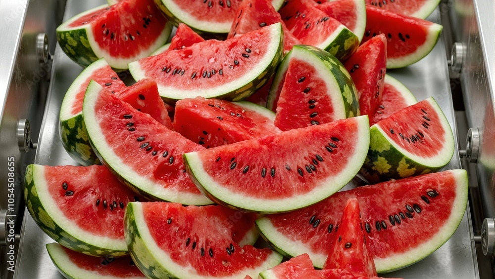 Fresh watermelon slices on conveyor belt in industrial setting Fresh watermelon slices on conveyor belt in industrial setting