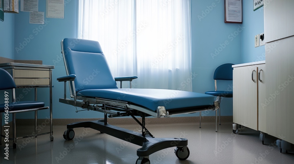 A medical examination room featuring a blue examination chair and clinical furnishings. A medical examination room featuring a blue examination chair and clinical furnishings.