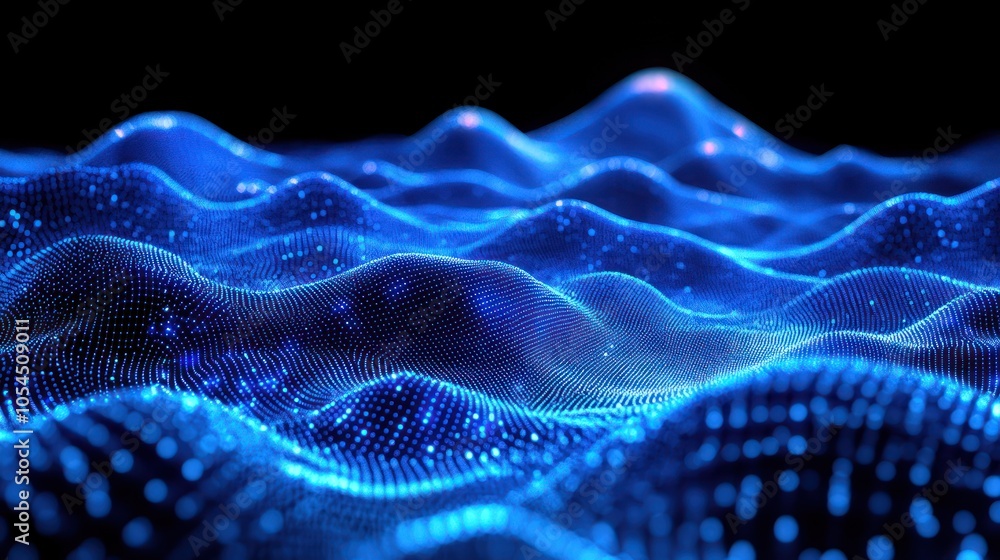 Abstract blue digital wave pattern with glowing particles on a dark background. Abstract blue digital wave pattern with glowing particles on a dark background.