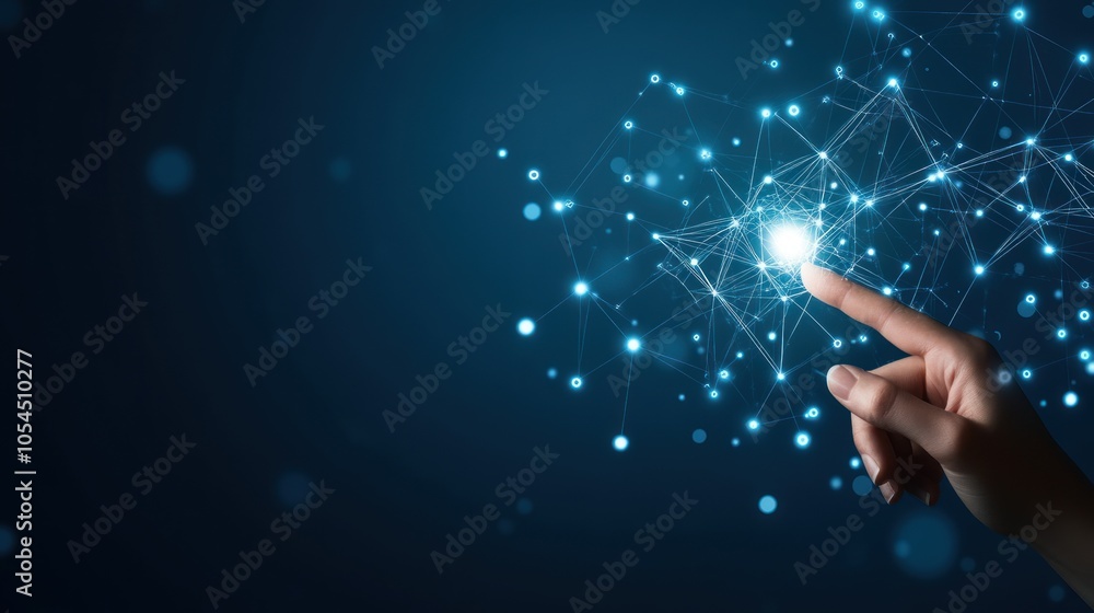 A hand reaching towards a glowing point in a network of interconnected dots and lines. A hand reaching towards a glowing point in a network of interconnected dots and lines.