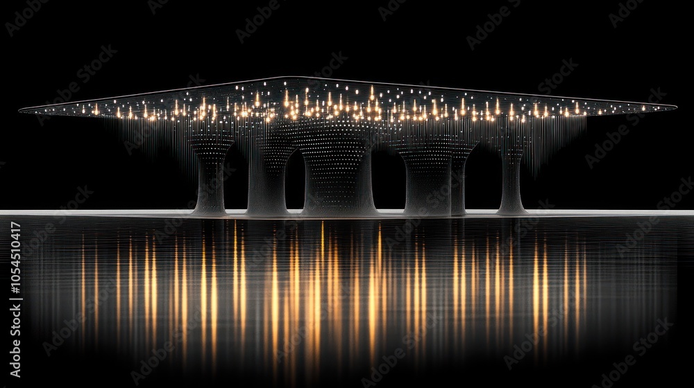 Fototapeta premium Abstract digital art of a glowing structure with a reflection on a dark background.