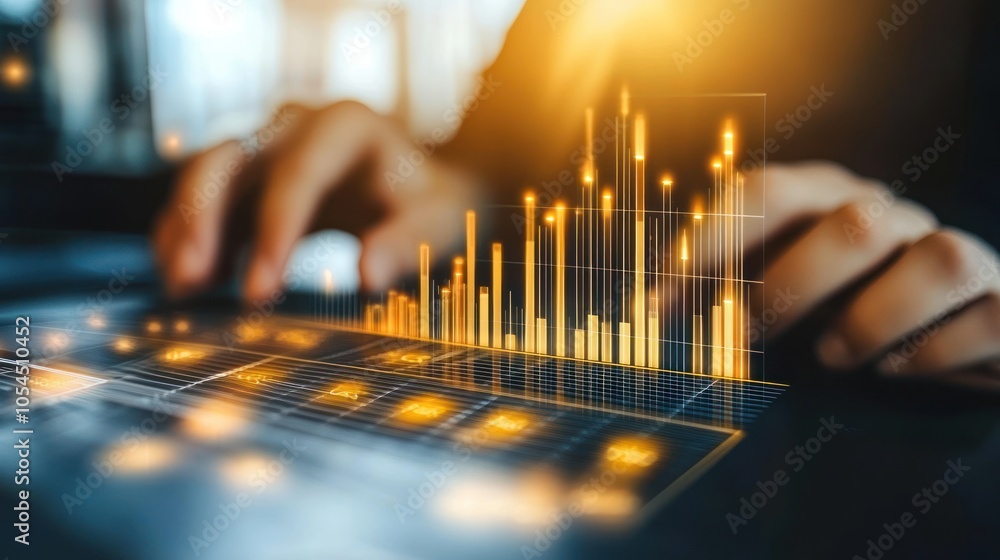A person analyzing data with a digital graph on a touchscreen interface. A person analyzing data with a digital graph on a touchscreen interface.