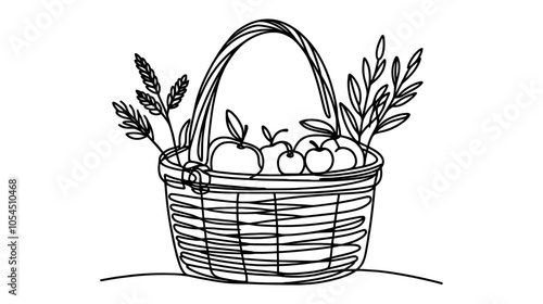 One continuous line illustration of a fruit basket, isolated on white background.