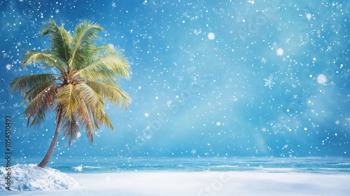 Fototapeta Naklejka Na Ścianę i Meble -  Snow falling on tropical beach with palm tree and blue sky