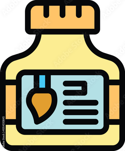 Yellow bottle containing paint thinner substance for art painting, using a brush