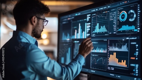 A professional analyzing data on a large screen with various graphs and metrics displayed.