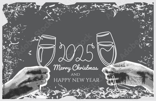 New Year and marry christmas greeting cards with hands and glasses with champagne collage designs. Trendy pop art template for winter holidays cards, banners, posters