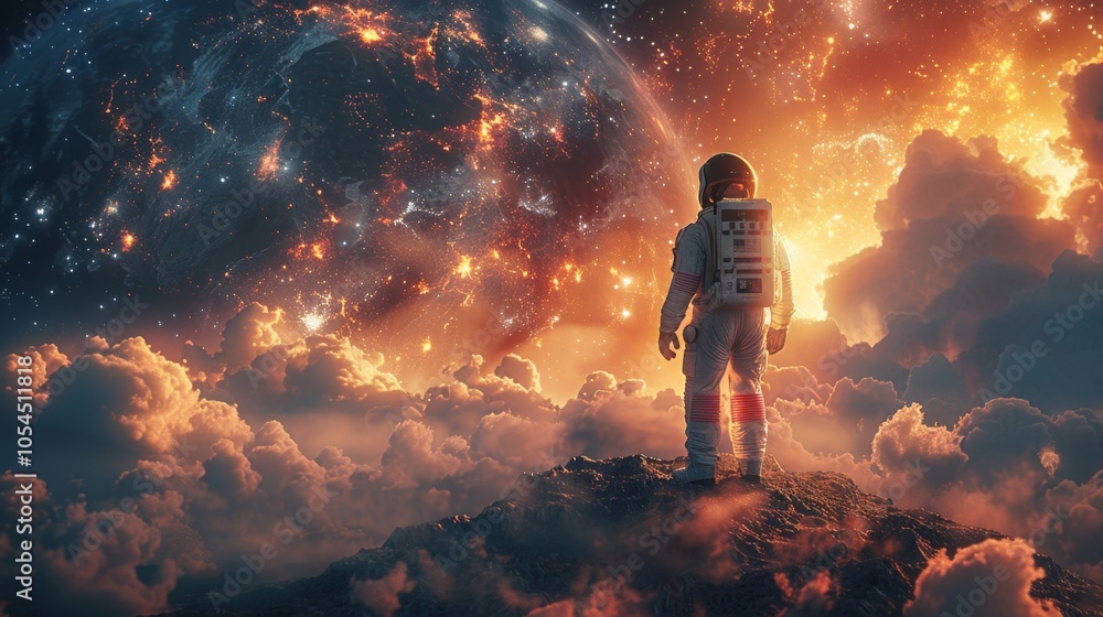 Obraz premium Astronaut Gazing at Earth in a Cosmic Landscape
