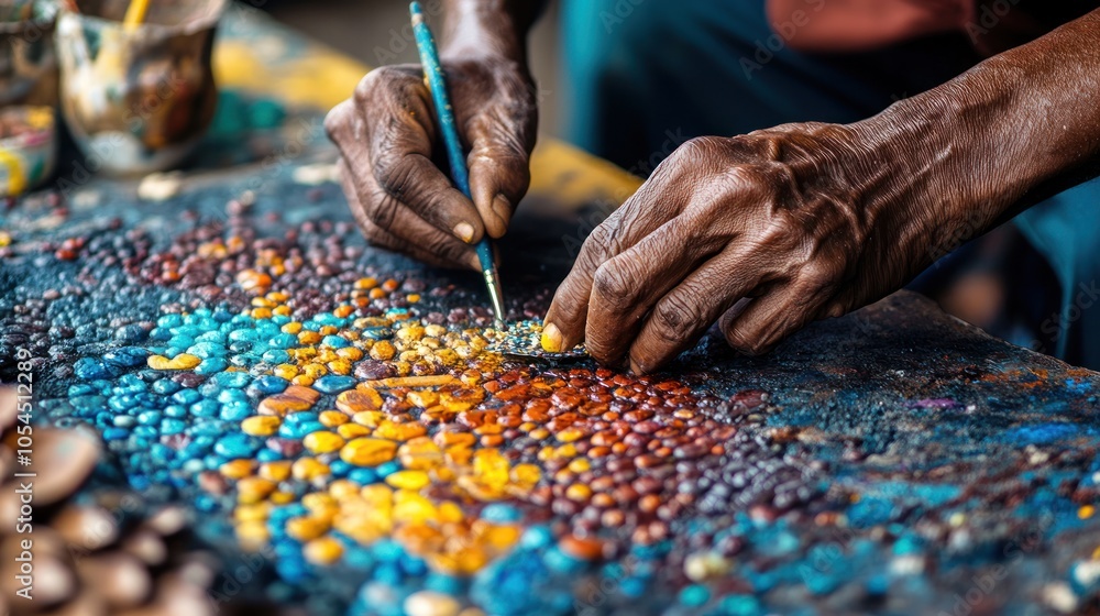 Close-up of an artist's hands painting a mosaic with colorful stones. Close-up of an artist's hands painting a mosaic with colorful stones.