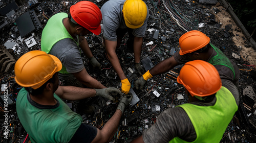 A group of workers in safety helmets and vests sorts through electronic waste, with old mobile phones, circuit boards, and cables piled high around them, as they process the materi photo