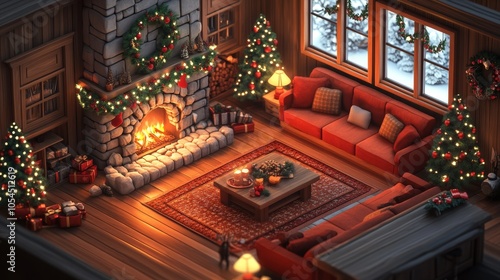 Cozy Christmas lodge with textured stone vibrant colors inviting lighting