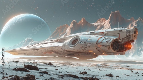 Futuristic Spaceship Landing on Alien Planet - A Sci-Fi Journey photo