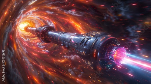 Hyperspace Travel: A Futuristic Spacecraft Soaring Through a Wormhole