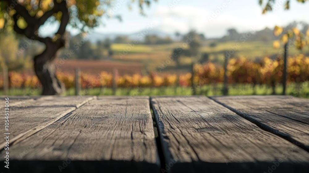 A rustic wooden table in the foreground with a scenic vineyard landscape in the background. A rustic wooden table in the foreground with a scenic vineyard landscape in the background.