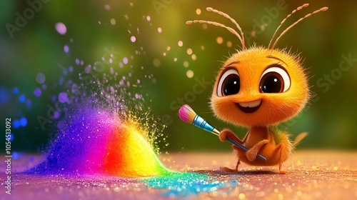 A cute, cartoon-style ant smiles as it uses a paintbrush to create a colorful rainbow on the ground.