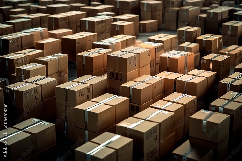 Spacious storage facility with stacked boxes and organized, the efficiency of large scale logistics operations Spacious storage facility with stacked boxes and organized, the efficiency of large scale logistics operations