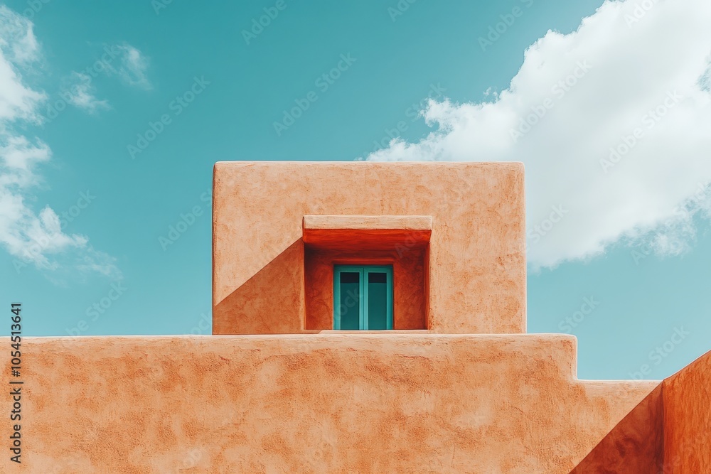 Bright orange stucco building with contrasting blue doors and cloud filled sky showcasing bold color and geometric architectural design in a vibrant modern aesthetic Bright orange stucco building with contrasting blue doors and cloud filled sky showcasing bold color and geometric architectural design in a vibrant modern aesthetic