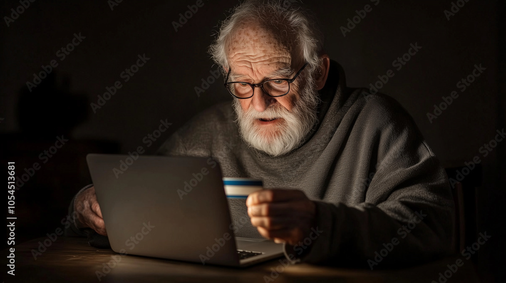 An elderly man sits in front of his laptop, credit card in hand, with a deceptive pop-up ad glowing on the screen, his cautious expression reflecting the increasing vulnerability o An elderly man sits in front of his laptop, credit card in hand, with a deceptive pop-up ad glowing on the screen, his cautious expression reflecting the increasing vulnerability o