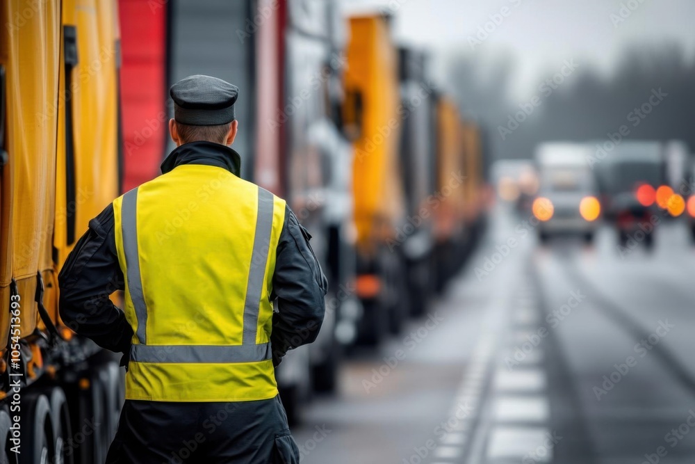 A customs officer blocking trucks at a border checkpoint, border trade restriction, global commerce obstacle A customs officer blocking trucks at a border checkpoint, border trade restriction, global commerce obstacle