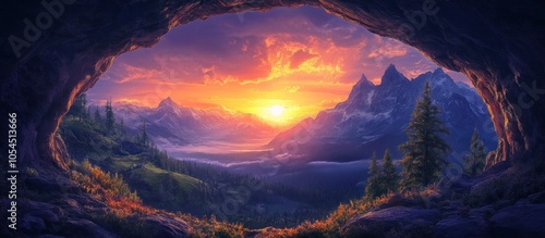 A stunning sunrise over a majestic mountain range seen from a cave entrance.