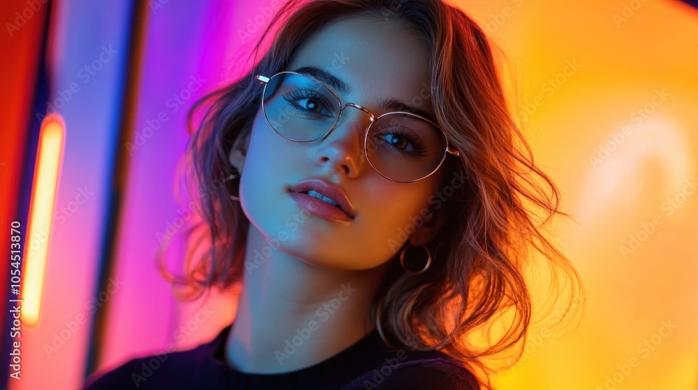 A portrait of a young woman with glasses against a colorful, illuminated background. A portrait of a young woman with glasses against a colorful, illuminated background.
