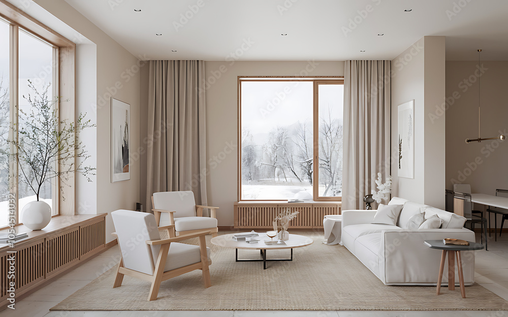 Minimalist living room with white furniture and wooden accents showcasing a cozy and inviting atmosphere perfect for winter relaxation Minimalist living room with white furniture and wooden accents showcasing a cozy and inviting atmosphere perfect for winter relaxation