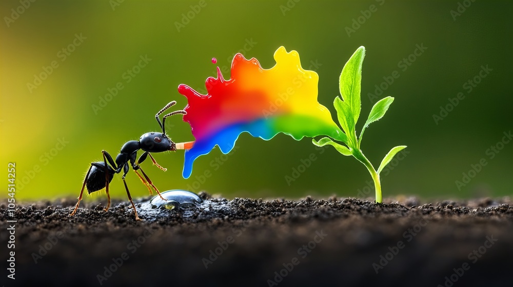 A black ant paints a colorful rainbow on a small sprout. A black ant paints a colorful rainbow on a small sprout.