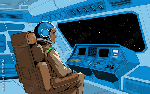 Astronaut in blue and brown spacesuit in futuristic spaceship cockpit  looking at stars    photo