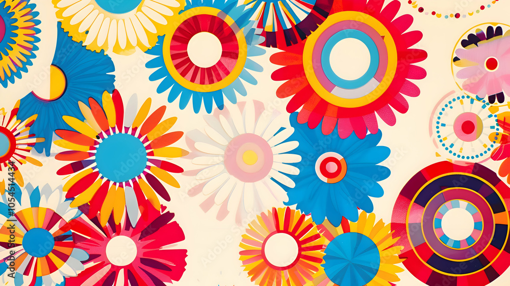 A symmetrical arrangement of colorful, flat design flowers on a soft cream background, with each bloom radiating in shades of red, pink, yellow, and blue, creating a vibrant floral scene A symmetrical arrangement of colorful, flat design flowers on a soft cream background, with each bloom radiating in shades of red, pink, yellow, and blue, creating a vibrant floral scene
