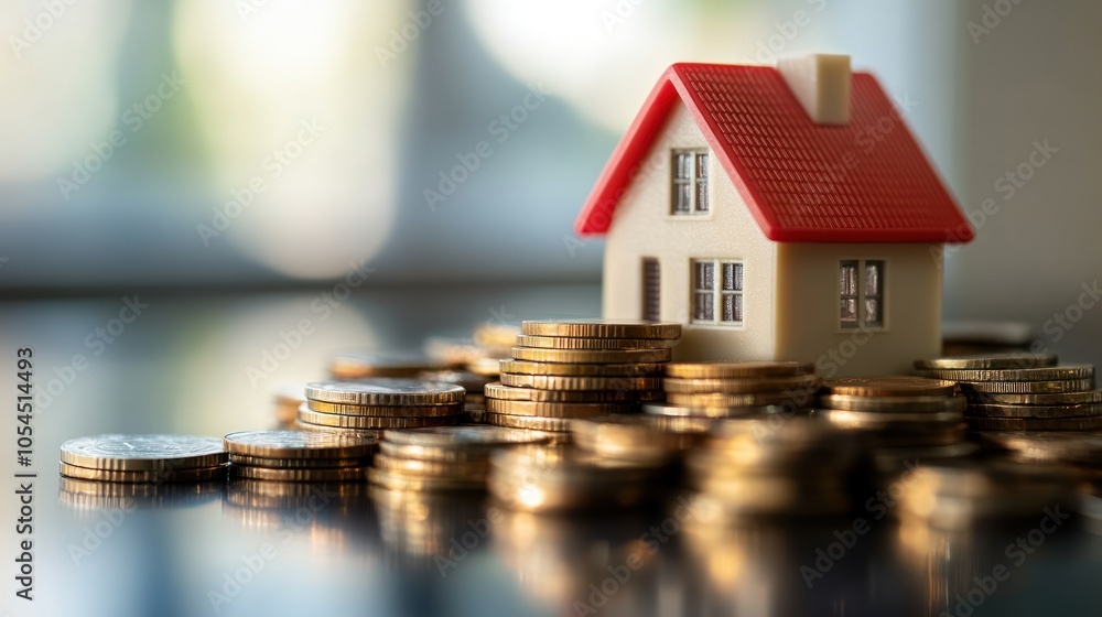 A small house model sits atop a pile of coins, symbolizing real estate investment. A small house model sits atop a pile of coins, symbolizing real estate investment.
