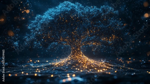 A stunning digital depiction of a tree with vibrant branches illuminated by a network of glowing nodes, representing life, energy, and connection. photo