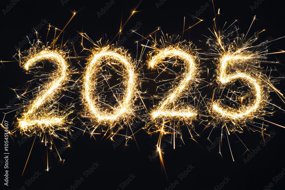 '2025' are vividly illuminated with sparklers, their bright, crackling light creating a sense of joyful energy and celebration against a dark, festive background as the New Year begins '2025' are vividly illuminated with sparklers, their bright, crackling light creating a sense of joyful energy and celebration against a dark, festive background as the New Year begins
